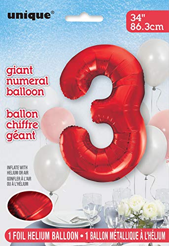 Unique Party- Globo gigante número 3, Color rojo, 86 cm (55853) , color/modelo surtido