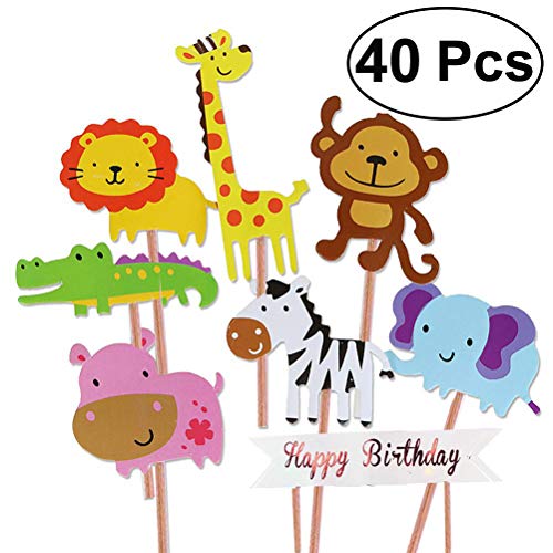 Unique Store 40 Piezas Cupcake Toppers Lindo Selva Temática Animales En Forma de Pastel Toppers para Niños Ducha de Bebé Fiesta de Cumpleaños DIY Decoración Suministros