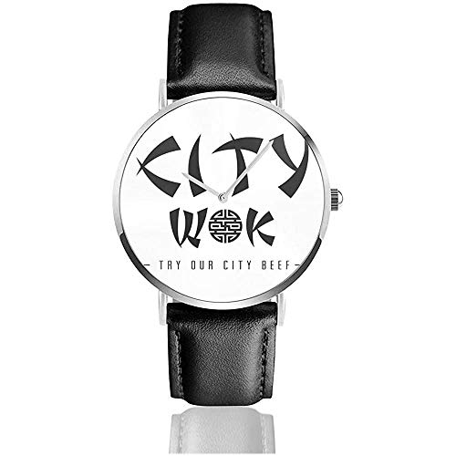 Unisex South Park City Wok Relojes Reloj de Cuero de Cuarzo con Correa de Cuero Negro