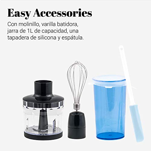 UNIVERSALBLUE Batidora de Mano | Potencia 800W con Regulador Ergonómico + Picador Alimentos + Varilla Acero INOX + Jarra 1 Litro