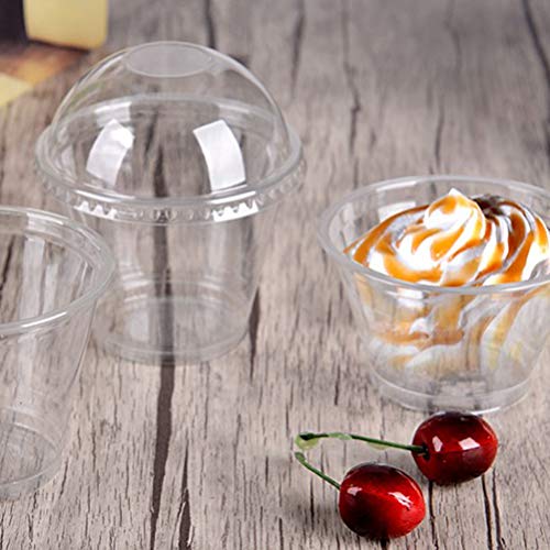 UPKOCH Tazas de plástico desechables con tapa de cúpula de orificio transparente para pudín Café Té Jugo de fruta Leche Suministros para fiestas 250 ml