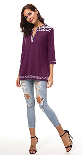 Urban GoCo Mujer Camisas Manga 3/4 Boho Blusa Bordado T-Shirt Tops (Large, UVA Morado)