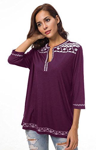 Urban GoCo Mujer Camisas Manga 3/4 Boho Blusa Bordado T-Shirt Tops (Large, UVA Morado)