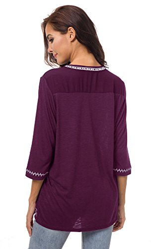 Urban GoCo Mujer Camisas Manga 3/4 Boho Blusa Bordado T-Shirt Tops (Large, UVA Morado)