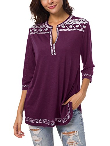 Urban GoCo Mujer Camisas Manga 3/4 Boho Blusa Bordado T-Shirt Tops (Large, UVA Morado)