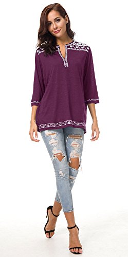 Urban GoCo Mujer Camisas Manga 3/4 Boho Blusa Bordado T-Shirt Tops (Large, UVA Morado)