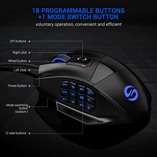 UtechSmart Venus - Ratón  láser para juegos MMO, de alta precisión (18 botones programables, 16400 dpi), color negro