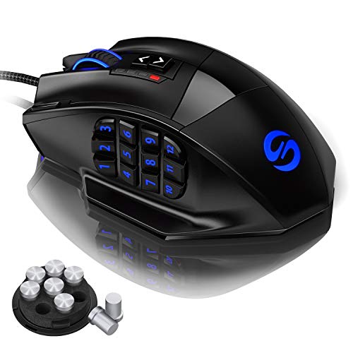 UtechSmart Venus - Ratón  láser para juegos MMO, de alta precisión (18 botones programables, 16400 dpi), color negro