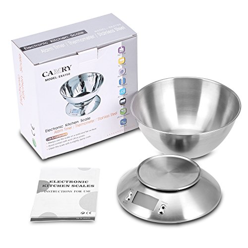 Uten Báscula Digital para Cocina con Bol Removible, 11 lbs / 5 kg, Acero Inoxidable, Retroiluminación Blanca, Alarma y Sensor de Temperatura, Pantalla LCD, (Baterías Incluidas)