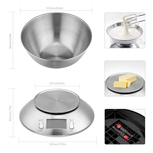 Uten Báscula Digital para Cocina con Bol Removible, 11 lbs / 5 kg, Acero Inoxidable, Retroiluminación Blanca, Alarma y Sensor de Temperatura, Pantalla LCD, (Baterías Incluidas)