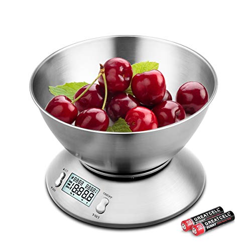 Uten Báscula Digital para Cocina con Bol Removible, 11 lbs / 5 kg, Acero Inoxidable, Retroiluminación Blanca, Alarma y Sensor de Temperatura, Pantalla LCD, (Baterías Incluidas)