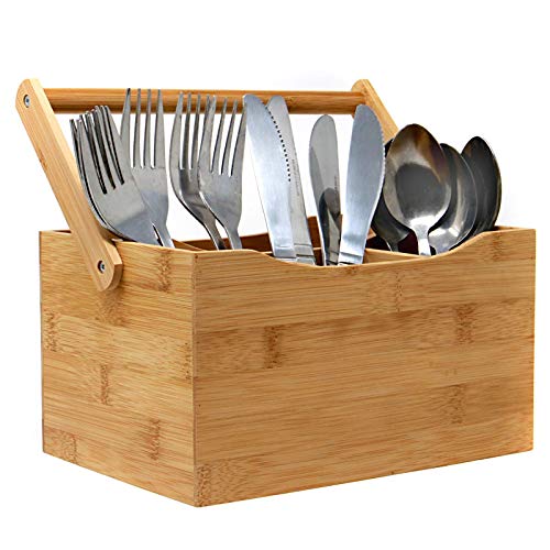 Utensilio de bambú para cubiertos | 4 compartimentos organizadores para cubiertos y condimentos | Manija desplegable Easy Carry | Perfecto para el hogar o restaurantes | M&W