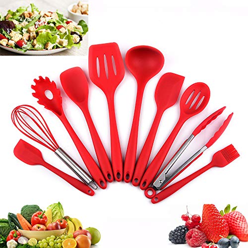 Utensilios Cocina de Silicona 10 Piezas, Juego de Cocina Resistente al Calor, pinzas, batidor Silicona, Cepillo, Espátulas, Cuchara Ranurada, Cucharas de Cocina, Paleta de Arroz.