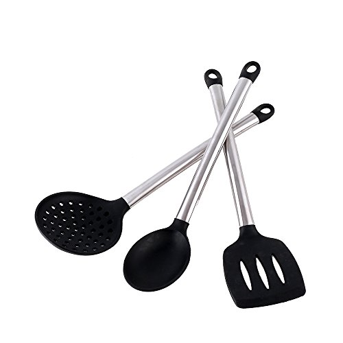 Utensilios Cocina Silicona, Bi-Komfort 8 Pcs Cocina Accesorios; Incluyen Pinzas Cocina, Tenedor Pasta, Batidor, Turner Ranurado, Cuchara para Servir, Cucharón Sopa, Colador y Espátula Flexible