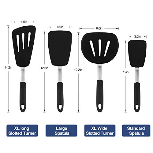 Utensilios de Cocina de Silicona, 4PCS Espátulas de Cocina en Silicona y Acero Inoxidable, Resistentes Utensilios al Calor, Las Paletas de Cocina y Espátulas Ranuradas- para Huevos y Panqueques