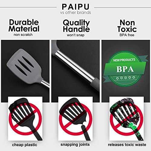 Utensilios de Cocina Silicona PAIPU, 32 Piezas Utensilios de Cocina Resistentes al Calor y Antiadherentes, Juego de Raspadores de Pasta, 3 Espátulas de Repostería, Triturador de Patatas, Gris