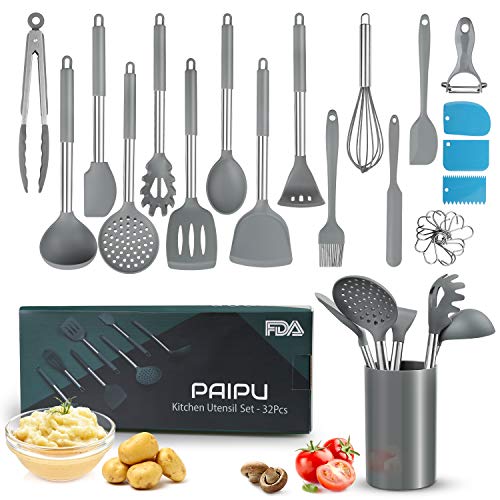 Utensilios de Cocina Silicona PAIPU, 32 Piezas Utensilios de Cocina Resistentes al Calor y Antiadherentes, Juego de Raspadores de Pasta, 3 Espátulas de Repostería, Triturador de Patatas, Gris