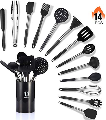 Utensilios de Cocina, Uarter 14 Piezas Resistente al calor y Antiadherente Utensilios Cocina de Silicona y Acero Inoxidable, Espátula, Cuchara, Batidor, Pinza para Espagueti, Olla de Almacenamiento