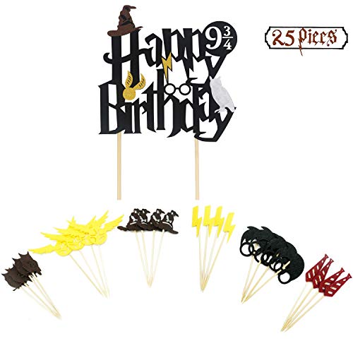 U&X Cupcake Toppers Inspirado por Wizards, Brillo de doble cara inspirado en Black Party Happy Birthday Cake Topper (Juego de 25), Suministros de decoración para fiestas de cumpleaños de Magician