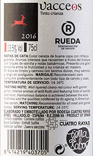 Vacceos Crianza Vino Tinto Tempranillo D.O Rueda - 6 Botellas de 750 ml - (Total 4.5 L) BODEGA CUATRO RAYAS