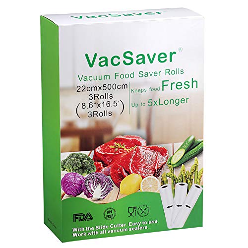 VacSaver Bolsas de Vacío 3 Rollos 22cm x 5m con Cutter-Box, 8 Veces más Fresco Rollos de Envasado al Vacío para Almacenaje de Alimentos, Sous Vide, BPA Free