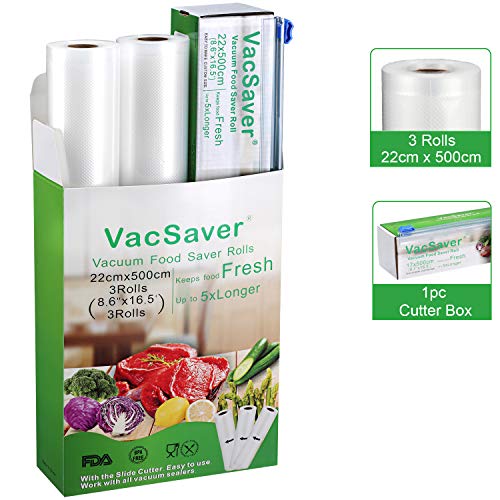 VacSaver Bolsas de Vacío 3 Rollos 22cm x 5m con Cutter-Box, 8 Veces más Fresco Rollos de Envasado al Vacío para Almacenaje de Alimentos, Sous Vide, BPA Free