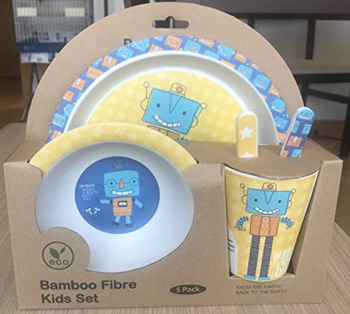 Vajilla Bambu Infantil ♻ Vajilla Fibra de Bambú Niños y Bebés 5 Piezas - Material Ecologico, Reciclable - Apto para Lavavajillas - Pack Eco, Bio, sin BPA (Bamboo) - Con Plato, Tazon, Vaso y Cubiertos