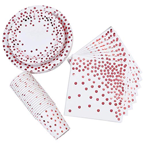 Vajilla Desechable 80Pcs, 9oz Paper Cups,7" Bandeja de Papel,9" Platos de Postre,Lunares Dorados Platos Redondos Copas para Bebidas Platos de Cena,suministros de fiesta con lámina de oro rosa