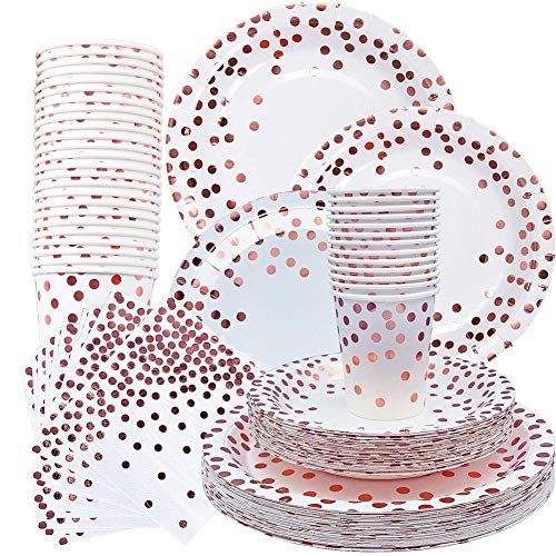 Vajilla Desechable 80Pcs, 9oz Paper Cups,7" Bandeja de Papel,9" Platos de Postre,Lunares Dorados Platos Redondos Copas para Bebidas Platos de Cena,suministros de fiesta con lámina de oro rosa