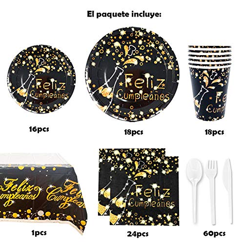 Vajilla Desechable para Cumpleaños de Adultos - Platos, Vasos, Tenedores, Cucharas, Cuchillos, Mantel y Servilletas - Accesorios para Decoración, Color Negro y Dorado - 16 Invitados(Kit Básico)