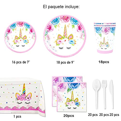 Vajilla desechable unicornio para fiesta de cumpleaños niña - platos, vasos, tenedores, cucharas, cuchillos, mantel, servilletas-accesorios de decoración color rosa para 16 invitados