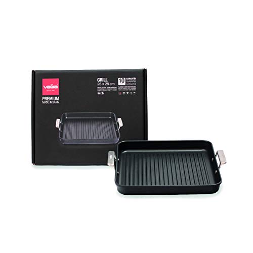 Valira Aire - Grill Premium de 28x28 cm hecho en España, aluminio fundido con antiadherente reforzado, apto para inducción