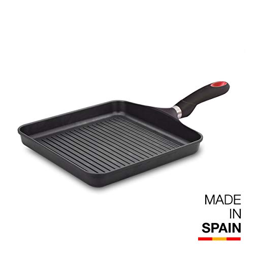 Valira Black - Grill Premium de 28x28 cm hecho en España, aluminio fundido con antiadherente reforzado, apto para inducción