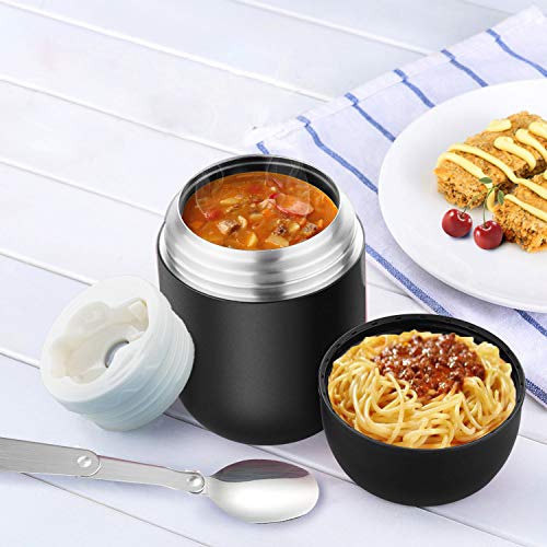 ValueTalks Termo para Alimentos 450ml Tarro de Comida Acero Inoxidable Aislado al Vacío Frasco con una Cuchara Plegable para Adultos Niños y Bebés(Negro)