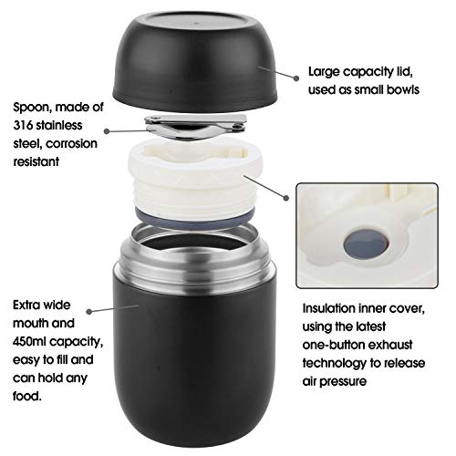 ValueTalks Termo para Alimentos 450ml Tarro de Comida Acero Inoxidable Aislado al Vacío Frasco con una Cuchara Plegable para Adultos Niños y Bebés(Negro)