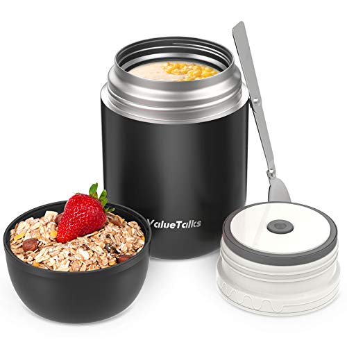 ValueTalks Termo para Alimentos 450ml Tarro de Comida Acero Inoxidable Aislado al Vacío Frasco con una Cuchara Plegable para Adultos Niños y Bebés(Negro)