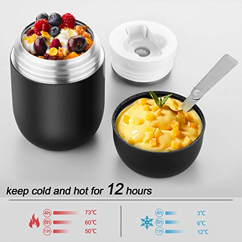 ValueTalks Termo para Alimentos 450ml Tarro de Comida Acero Inoxidable Aislado al Vacío Frasco con una Cuchara Plegable para Adultos Niños y Bebés(Negro)