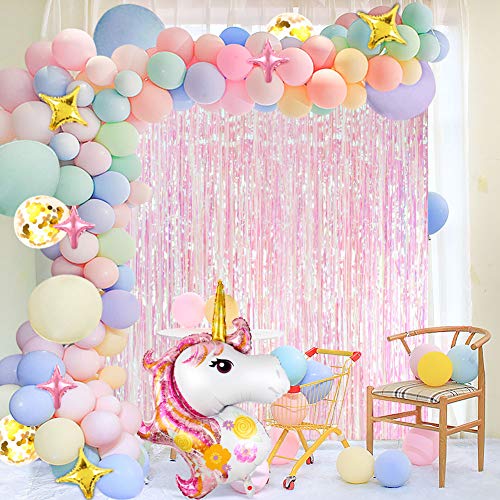 vamei 136 Piezas Unicornio Decoraciones Cumpleaños de Fiesta para Niños, Globos de Unicornio Cumpleaños,Cortina de Fiesta, Globo de Cumpleaños Individuación para Niños Niñas