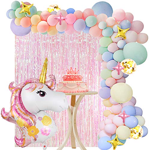 vamei 136 Piezas Unicornio Decoraciones Cumpleaños de Fiesta para Niños, Globos de Unicornio Cumpleaños,Cortina de Fiesta, Globo de Cumpleaños Individuación para Niños Niñas