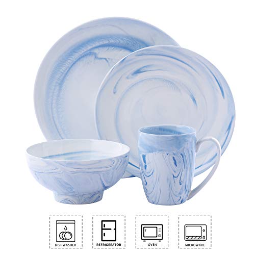 vancasso Clara Juego de Vajillas 16 piezas,Vajilla de Porcelana, Platos Azules, Taza de Café, Platos, Cuencos de Cereales para 4 Personas Dibujo Espiral