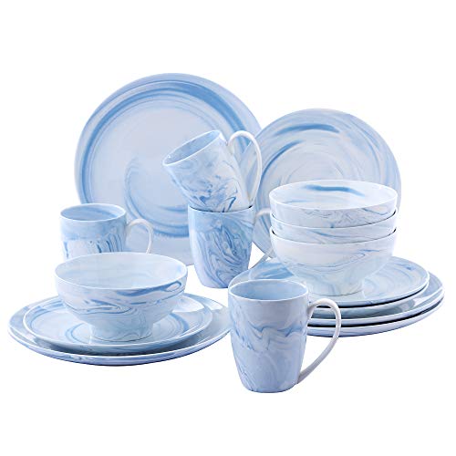 vancasso Clara Juego de Vajillas 16 piezas,Vajilla de Porcelana, Platos Azules, Taza de Café, Platos, Cuencos de Cereales para 4 Personas Dibujo Espiral