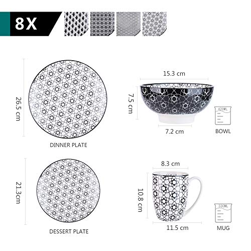 vancasso Haruka Servicio de vajilla de Porcelana,Servicio Combi-set de 32 Piezas 8 Tazas de café 8 tazones de Cereal 8 Platos de Postre 8 Platos de Comedor para 8 Personas