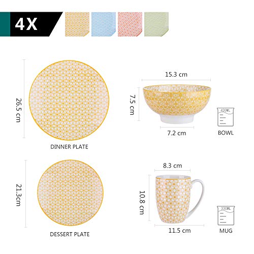 vancasso Natsuki Servicio de Combinación Vajilla de Porcelana 16 Piezas, Cada una con 4 Platos de Cena Ø 27 cm, Plato de Postre Ø 21.5 cm, Cuencos de Cereales Ø 15.2 cm y Taza de Café 380 ML