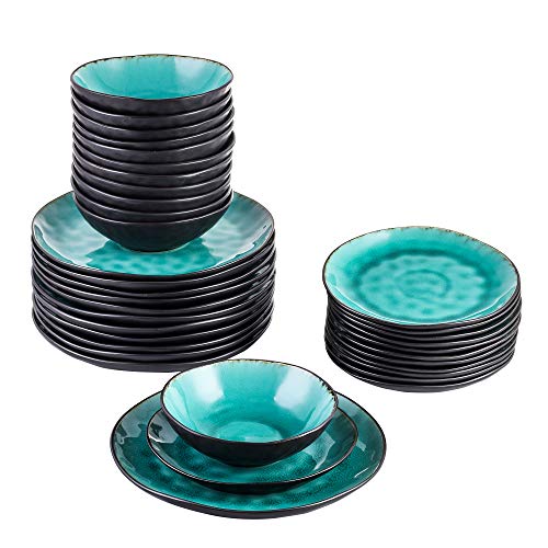 vancasso Serie Aqua Juego de Vajillas Gres de 36 Piezas Irregular Vajillas Esmaltadas, 12 Cuencos, 12 Platos de Cena 12 Platos de Postre para 12 Personas