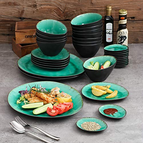 vancasso Serie Coco Juego de Vajillas Esmaltadas Gres Vajilla Irregular de 33 Piezas Verde Agua, para 12 Personas, 12 Cuencos 12 Plato de Salsa, 6 Platos y 3 Plato Grande