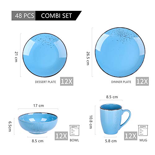 vancasso Serie Navia Oceano Juego de Vajillas 48 pcs, Platos de Cena, Postre, Cuencos y Tazas, Esmaltada Gres Vajillas Retro para 12 Personas, Aqua Blue