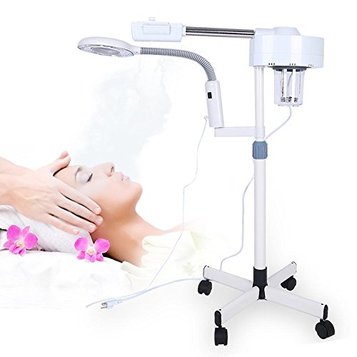 Vaporizador facial profesional de pie, máquina de humedad facial con ruedas con luz LED y aumento de 3 veces para uso en salón de spa y belleza