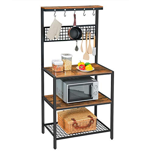 VASAGLE Estante de Cocina Industrial, Mueble de Cocina con estantes, 10 Ganchos y Estante de Malla Metálica, Estante para Utensilios de Horno de Microondas, 84 x 40 x 170 cm, Marrón Rústico KKS17BX