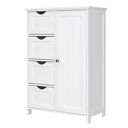 VASAGLE Gabinete de Baño, Gabinete de Almacenamiento con 4 Cajones y 1 Armario de Taquilla, Puerta Simple, Estante Ajustable, para Sala de Estar, Cocina, Entrada, Blanco LHC41W