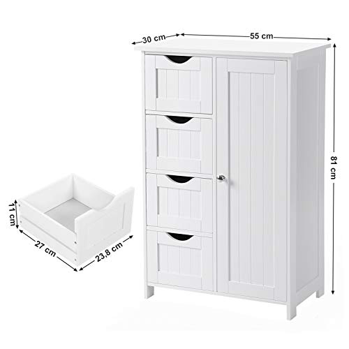 VASAGLE Gabinete de Baño, Gabinete de Almacenamiento con 4 Cajones y 1 Armario de Taquilla, Puerta Simple, Estante Ajustable, para Sala de Estar, Cocina, Entrada, Blanco LHC41W